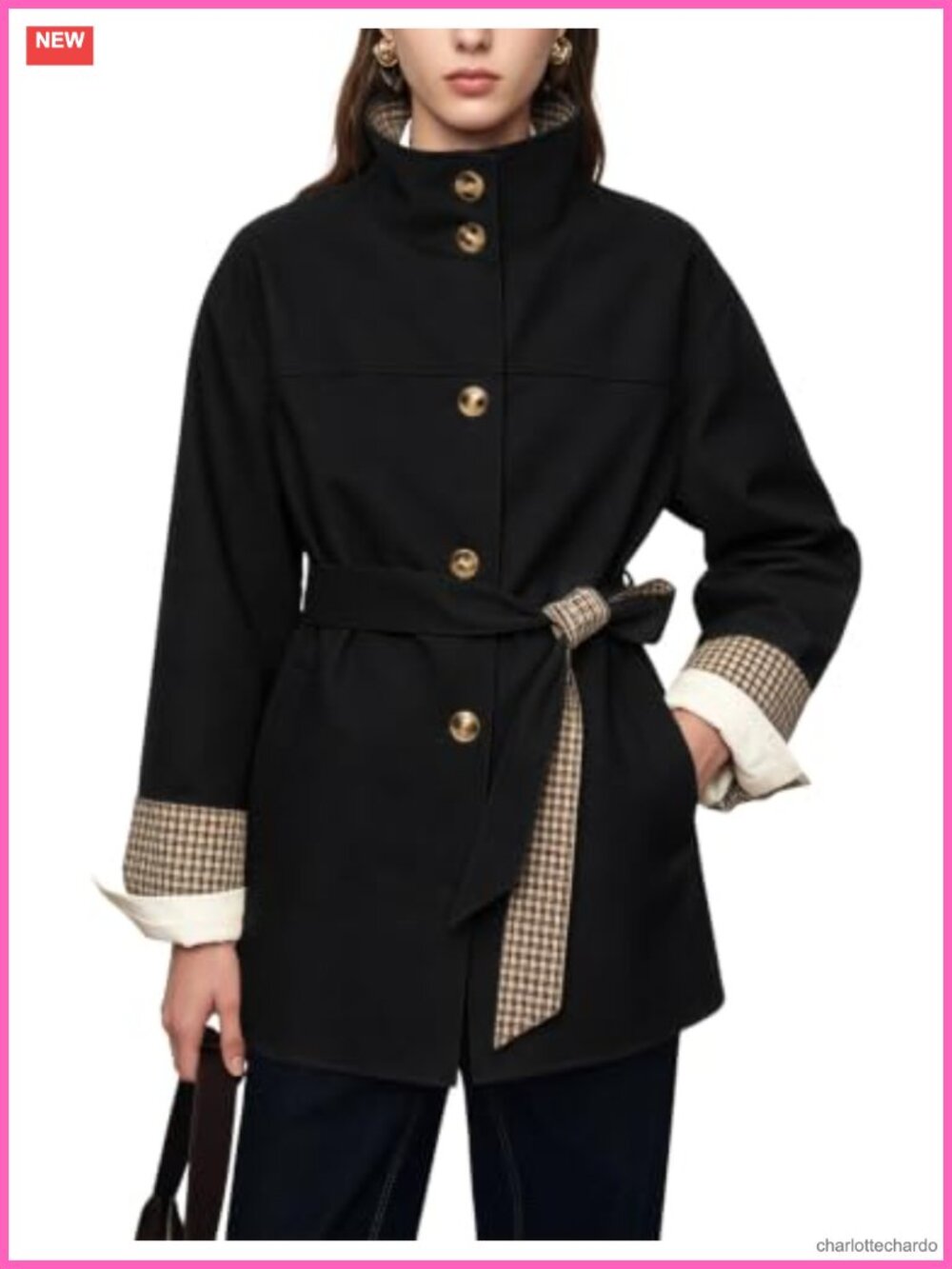 Women's Belted Trench Coat Stand Collar Plaid Lining Jacket
